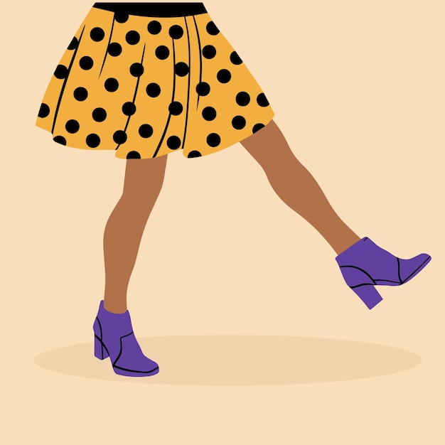 Piernas de mujer con zapatos de tacón alto y una divertida falda multicolor de estilo retro Vector