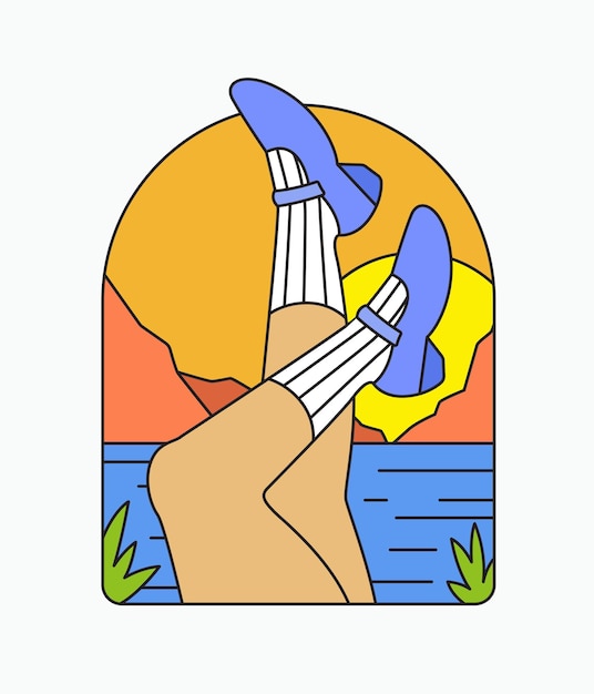 Las piernas de las mujeres relajándose junto al lago ilustración retro