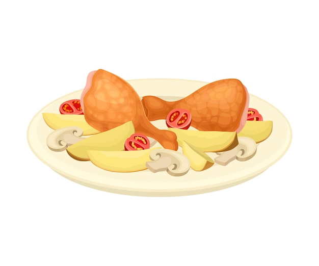 Piernas de pollo fritas servidas en un plato con hongos y tomates Ilustración vectorial