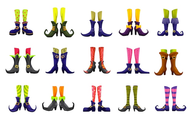 Piernas de vector de dibujos animados de hada, bruja, hechicera, gato del infierno, elfo y hechicera. Personajes de halloween, cuento de hadas, navidad o san patricio. Pies divertidos lindos con botas, zapatos de rayada y entrometidos