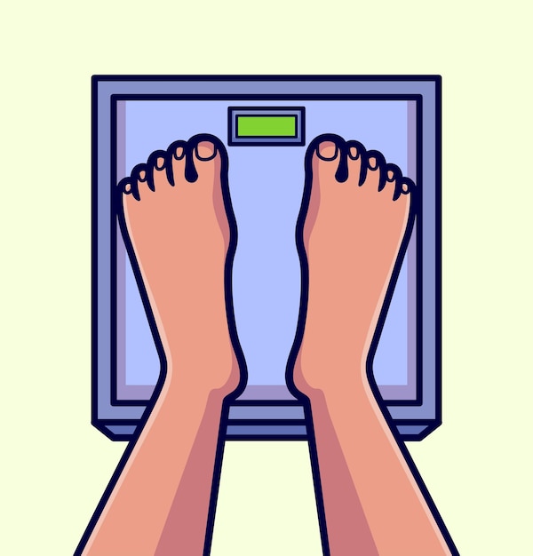 Pies en una balanza de baño Midiendo el peso para la salud y el fitness Ilustración vectorial de dibujos animados