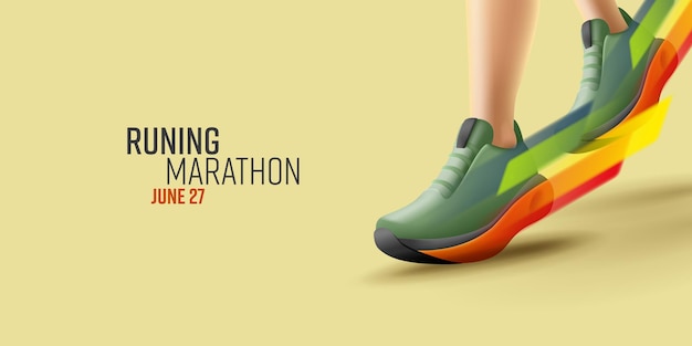 Pies de corredor de maratón de atleta corriendo en zapatillas de deporte con ilustración de primer plano de gran velocidad cartel de vector de renderizado 3d