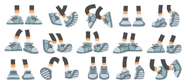 Pies de dibujos animados con zapatillas Patas cómicas con zapatos en pie de pie y poses de salto Pies de palo con extremidades de calzado para el conjunto de vectores de diseño de personajes
