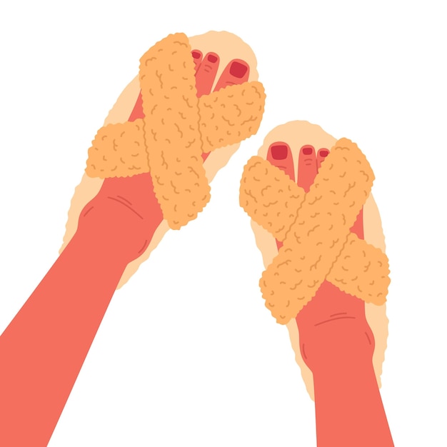Pies femeninos con calzado de casa Pies con pedicura linda en zapatillas domésticas esponjosas zapatos de casa en los pies ilustración vectorial plana zapatos de interior de piel artificial acogedora