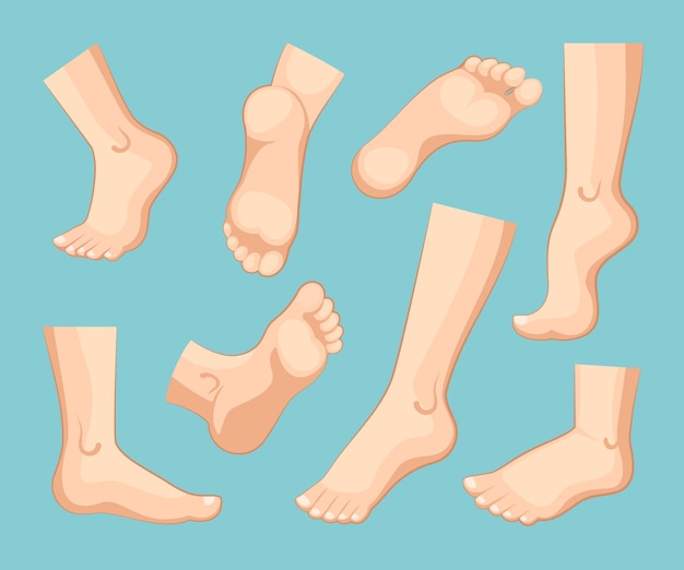 Los pies humanos establecen los pies del hombre y la mujer en diferentes posturas vistas podología pasos arte salud comida pierna