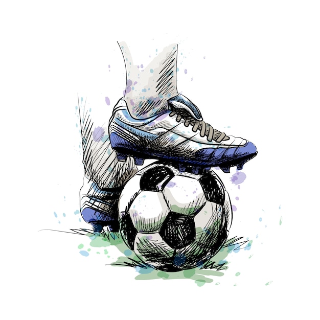 Pies de jugador de fútbol pisar el balón de fútbol para el saque inicial sobre un fondo blanco.