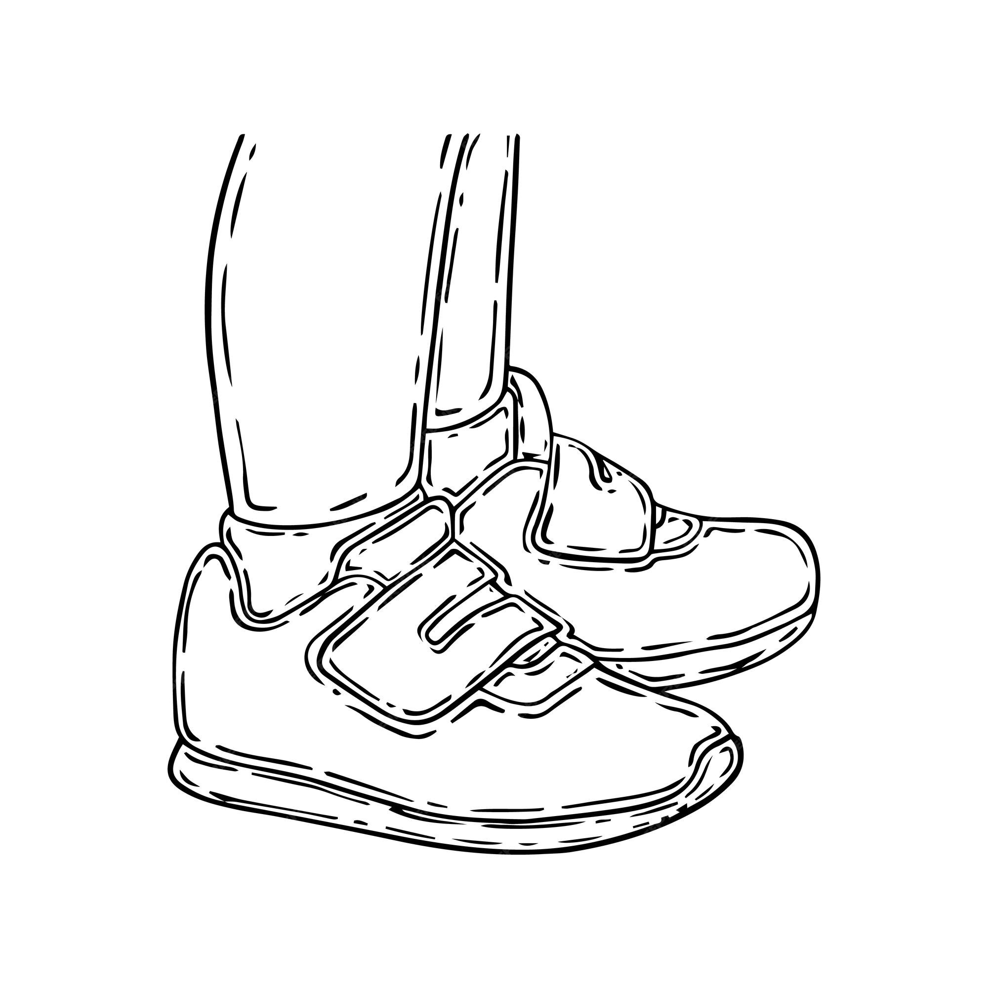 Pies de un niño en sandalias zapatos hombre niña dibujos animados lineales libro para colorear Vector Premium