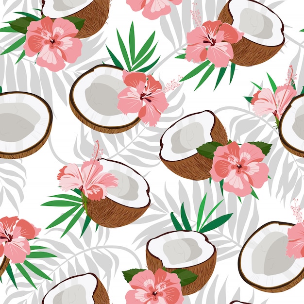 Pieza de coco de patrones sin fisuras y hojas de palma con hibisco rosa