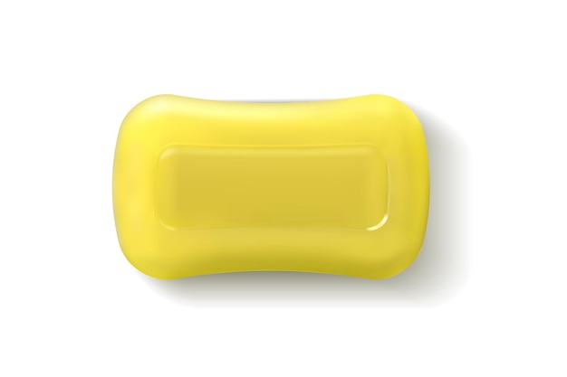 Pieza de jabón realista para baño Cuidado del cuerpo producto de limpieza cosmético 3D detergente de baño antibacteriano aislado lavado de manos spa natural limpiador amarillo cuadrado Vector vista superior de artículos de tocador higiénicos