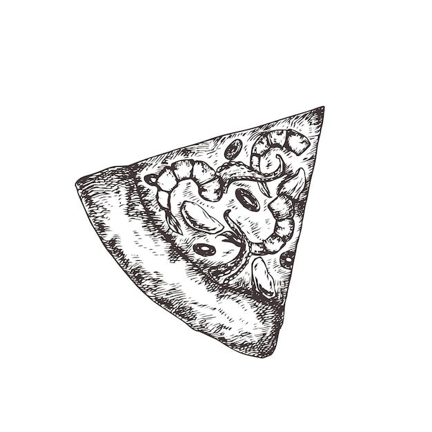 Pieza de pizza Boceto dibujado a mano Comida Vector Ilustración Cocina italiana natural Doodle aislado