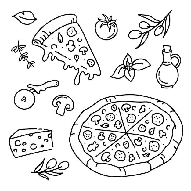 Pieza de pizza dibujada a mano de pizza y ingredientes de la pizza italiana