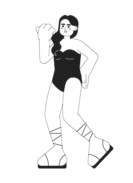 Una pieza de traje de baño joven mujer india posando carácter vectorial plano monocromático complejo de vacaciones línea delgada editable persona de cuerpo completo en blanco imagen de punto de dibujos animados simple bw para diseño gráfico web