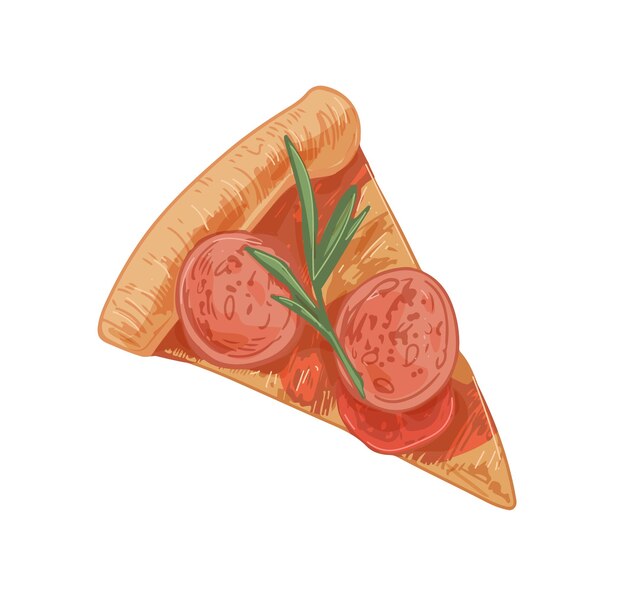 Pieza triangular de pizza italiana con rodajas de salami, salchichas, romero, queso y tomates. cortar segmento con borde grueso. ilustración vectorial dibujada a mano realista aislada sobre fondo blanco.