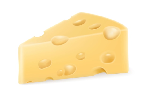 Pieza volumétrica de queso con agujeros, ilustración aislada sobre fondo blanco. Vector 3D realista. Rebanada de queso duro emmental o cheddar, pieza triangular con orificios para el diseño de alimentos lácteos