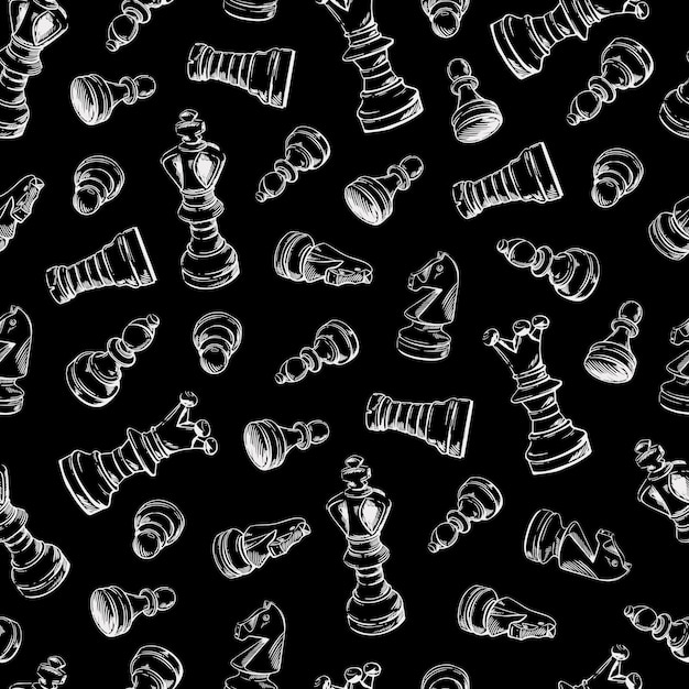 Piezas de ajedrez blanco y negro de patrones sin fisuras Sketch Vector fondo dibujado a mano