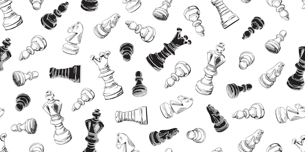 Piezas de ajedrez blanco y negro de patrones sin fisuras Sketch
