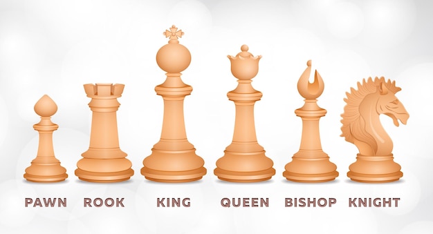 Piezas de ajedrez, juego de ajedrez, dibujo realista. Figuras para juego intelectual, ilustración vectorial