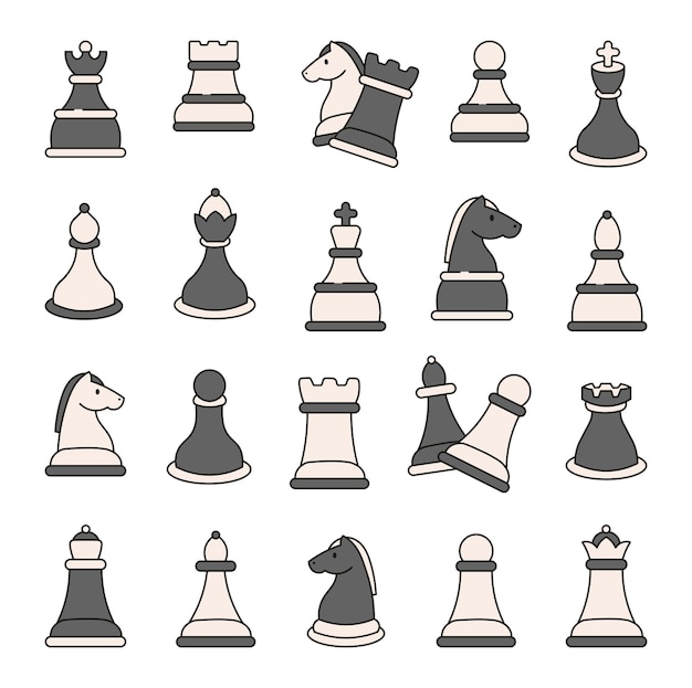 Piezas de ajedrez Rey reina obispo caballo torre peón Estilo dibujado a mano dibujo vectorial