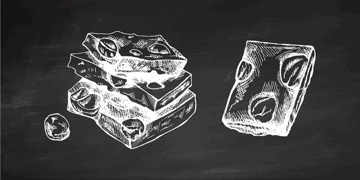 Vector piezas de chocolate dibujadas a mano vintage con nueces ilustración detallada en el fondo de la pizarra