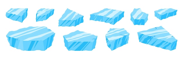 Piezas de hielo congeladas bloques flotantes de dibujos animados de glaciares de hielo y icebergs partes cristales de hielo azul flotando en el agua ilustración vectorial plana conjunto de hielo antártico en blanco
