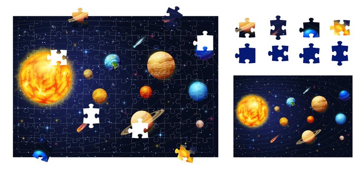 Vector piezas del juego del espacio del rompecabezas del sistema solar