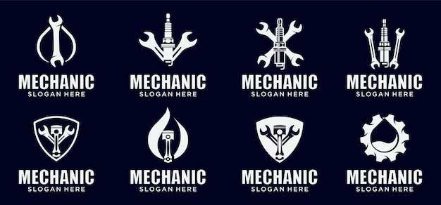 Vector piezas mecánicas del logotipo de la bujía del logotipo de la llave inglesa del logotipo del engranaje de la combinación del motor del coche