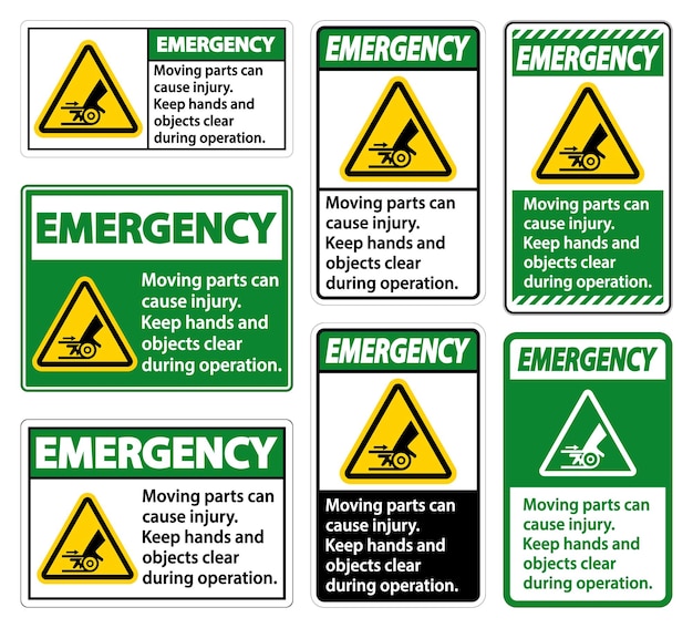 Las piezas móviles de emergencia pueden causar lesiones. Signo en fondo blanco.