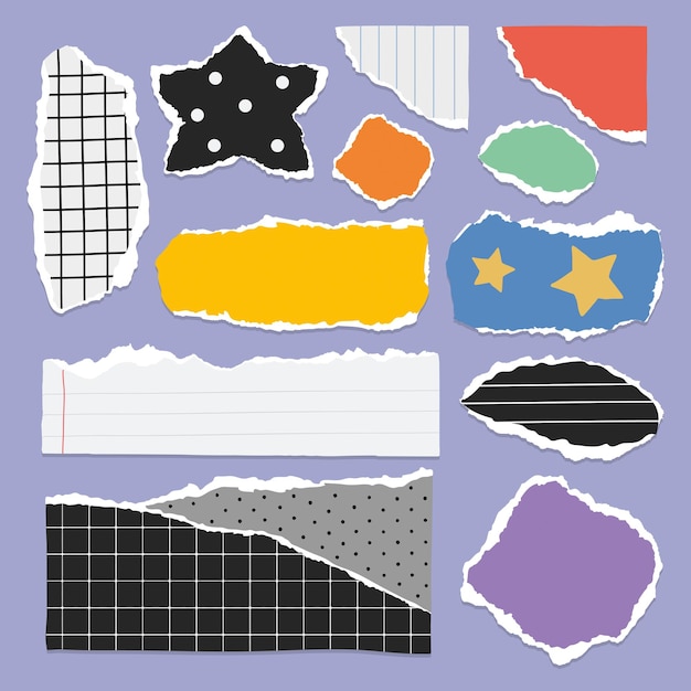 Piezas de papel rasgadas coloridas sobre un fondo púrpura Varias formas como estrellas y rectángulos Papel rasgado Diseños coloridos y formas creativas se destacan Conjunto vectorial de elementos con patrones coloridos