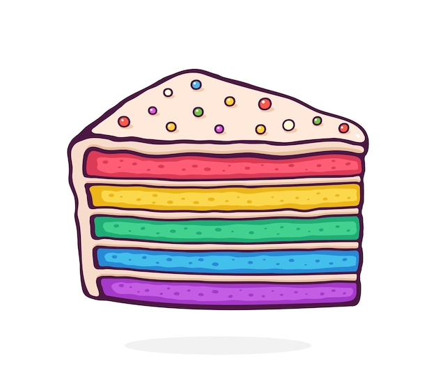 Vector piezas de pastel de arco iris con crema de esmaltado y azúcares de color dregas de postre ilustración vectorial de alimentos