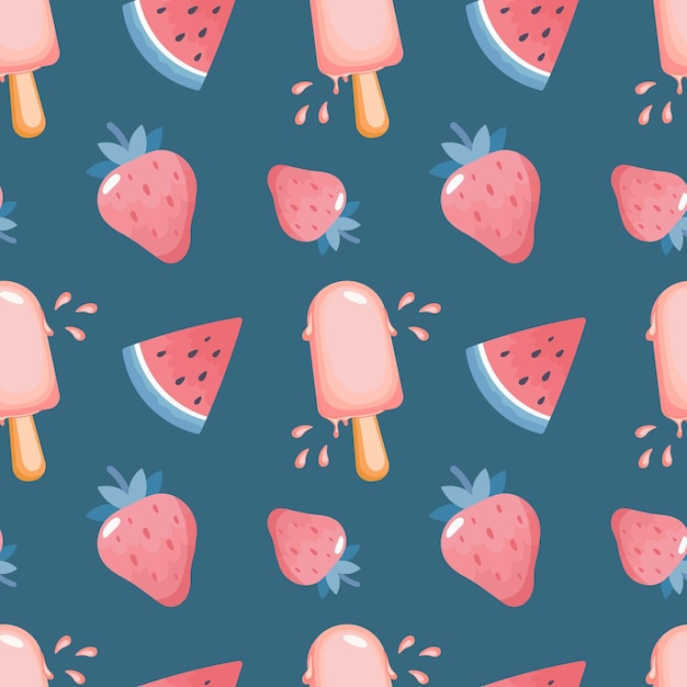 Piezas de patrones sin fisuras, helado, fresa y sandía sobre un fondo azul. imprimir, verano