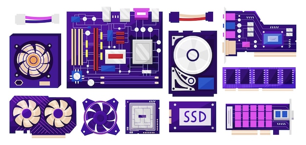 Vector piezas de pc colección de hardware de computadora chip de procesador y placa base adaptador de tecnología equipo de red servicio de taller hdd y enfriador componentes de computadora portátil conjunto de ilustración vectorial