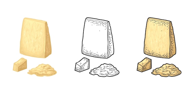 Piezas de queso parmesano vector ilustración de grabado vintage aislado en blanco