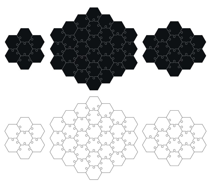 Vector piezas del rompecabezas 7 30 14 aisladas sobre un fondo blanco maqueta vectorial de rompecabeo hexagonal