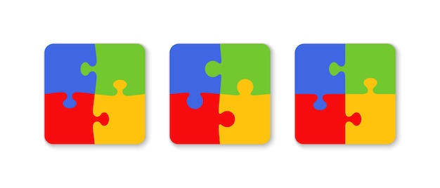 Piezas de rompecabezas. Cuadrícula de rompecabezas. Juego de mosaico de pensamiento con detalles de color 2x2. Marco cortado con láser. Diseño de rompecabezas cuadrado con 4 formas separadas sobre fondo blanco. ilustración vectorial