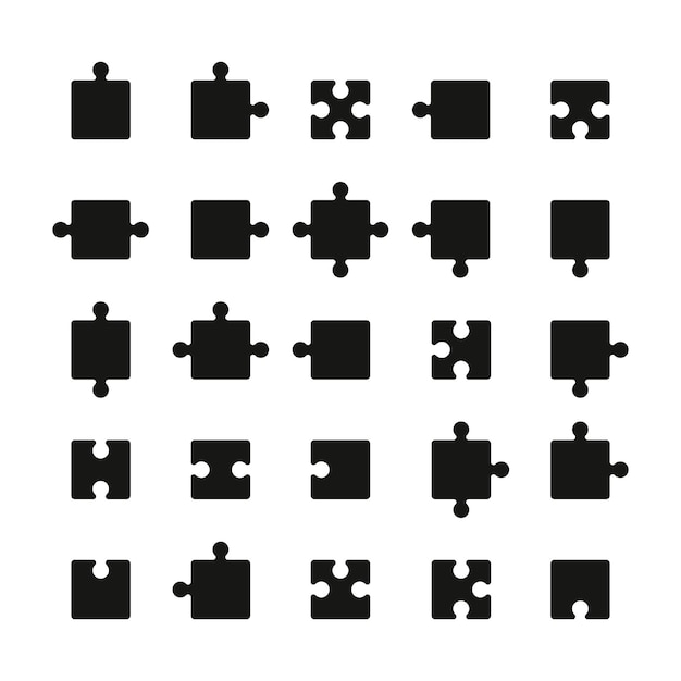 Piezas de rompecabezas Piezas de rompecabezas negras para juego de trabajo en equipo de lógica Azulejos en blanco coinciden con elementos de conexión plantilla de juguete divertido estilo plano Conjunto de vectores