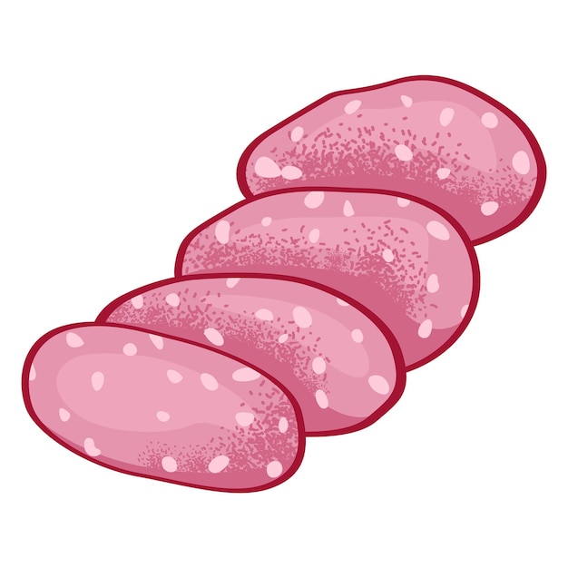 Piezas de salami cortadas al estilo de dibujos animados Salami rosado manchas de grasa Ilustración de comida Delicatessen cortadas