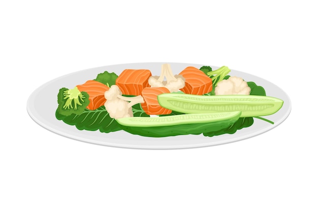 Vector piezas de salmón servidas con verduras verdes en la ilustración vectorial del plato