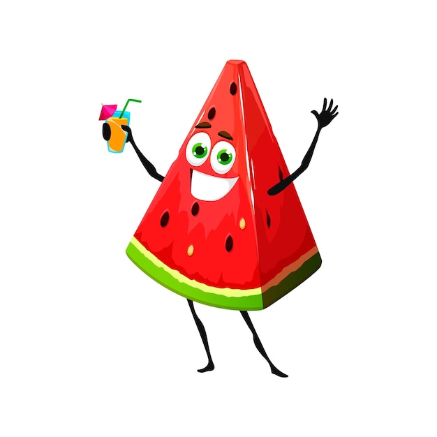 Vector piezas de sandía de dibujos animados personaje alegre fruta jugosa mascota infantil madura pieza de sandía vector aislado personaje divertido o vacaciones de verano personaje feliz con copa de bebida de cóctel