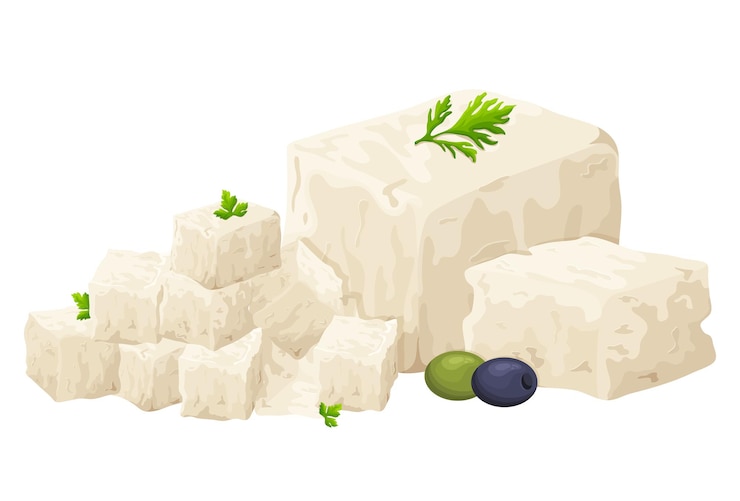 Vector piezas de tofu, cuajada de soja, alimentación saludable, comida vegana, queso de soja orgánico, ilustración vectorial