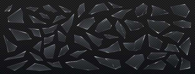 Vector piezas de vidrio fragmentos afilados realistas piezas aisladas en 3d de una ventana rota sobre fondo transparente fragmentos de hielo con grietas o dañados en el parabrisas de un accidente automovilístico conjunto de cristal vectorial