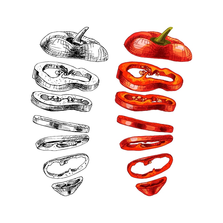 Vector piezas voladoras de pimiento rojo dulce. ilustración de color de eclosión de la vendimia del vector. aislado sobre fondo blanco. diseño dibujado a mano