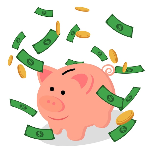 Piggy bank con monedas y dinero alrededor