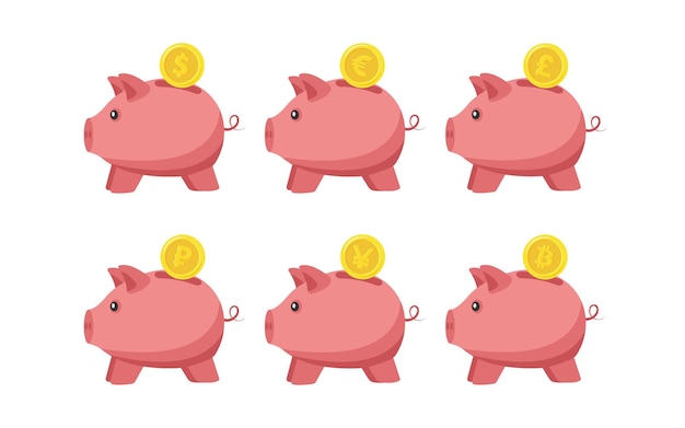 Piggy Bank y monedas con símbolos de divisas Conjunto de piggy banks con monedas de oro
