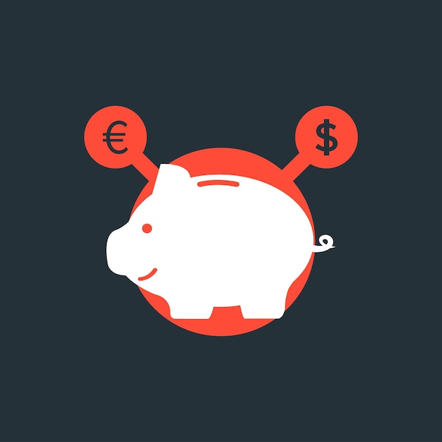 Vector piggy bank con signo de moneda en burbuja roja concepto de pobreza comercio frugalidad economía éxito pago ahorro estilo plano moderno diseño de logotipo ilustración vectorial