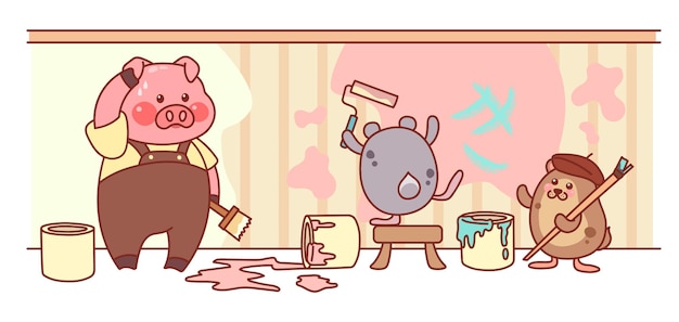 Piglet y hamsters pintan paredes Personajes lindos están reparando en la habitación Ilustración vectorial