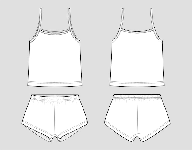 Pijama. Camiseta sin mangas y calzoncillos (lencería). Vista frontal y posterior. Moda de contorno