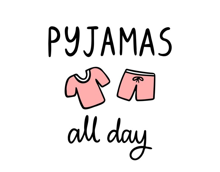 Vector pijama o pijama todo el día escrito a mano garabateo letras frase o cita dibujado a mano lindo pijama o pijaja icono y mensaje que dice texto
