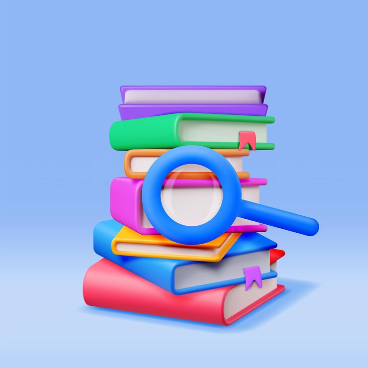 Vector pila 3d de libros cerrados con lupa