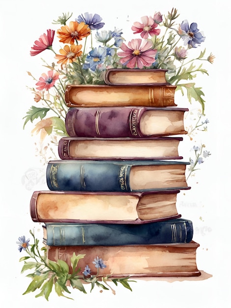 pila de acuarelas de libros viejos con flores silvestres