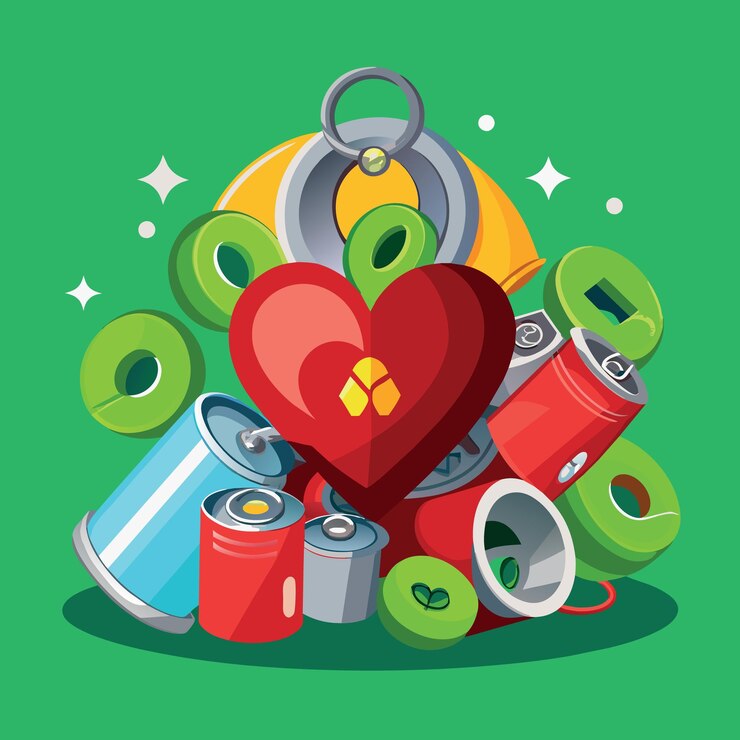 Vector pila de anillo puede abrir o tirar anillo con corazón rojo como amor reciclar o concepto de mundo verde